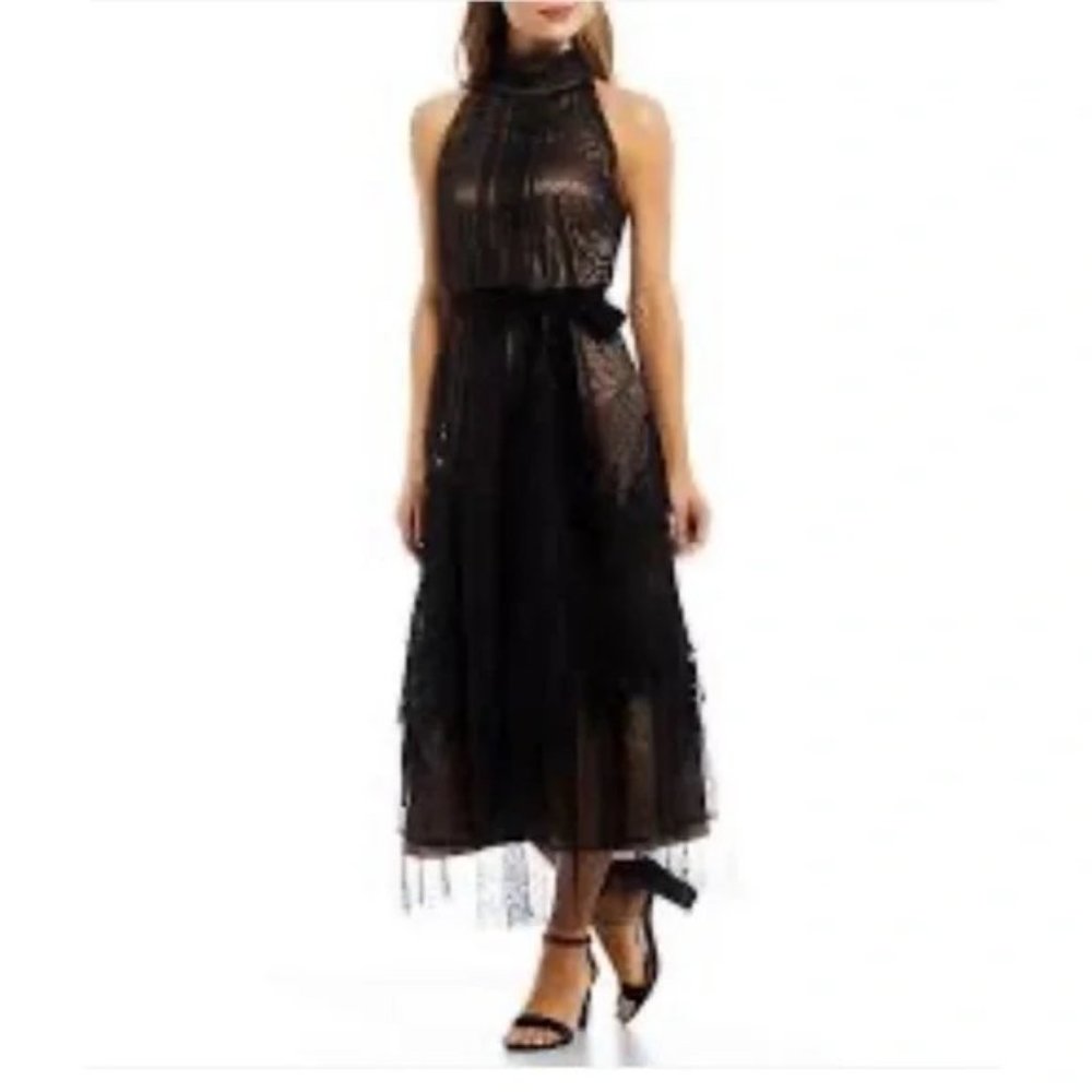 Alex Marie NWT Joelle Black Mesh/Lace Embroidered Halter Dress, Size 6